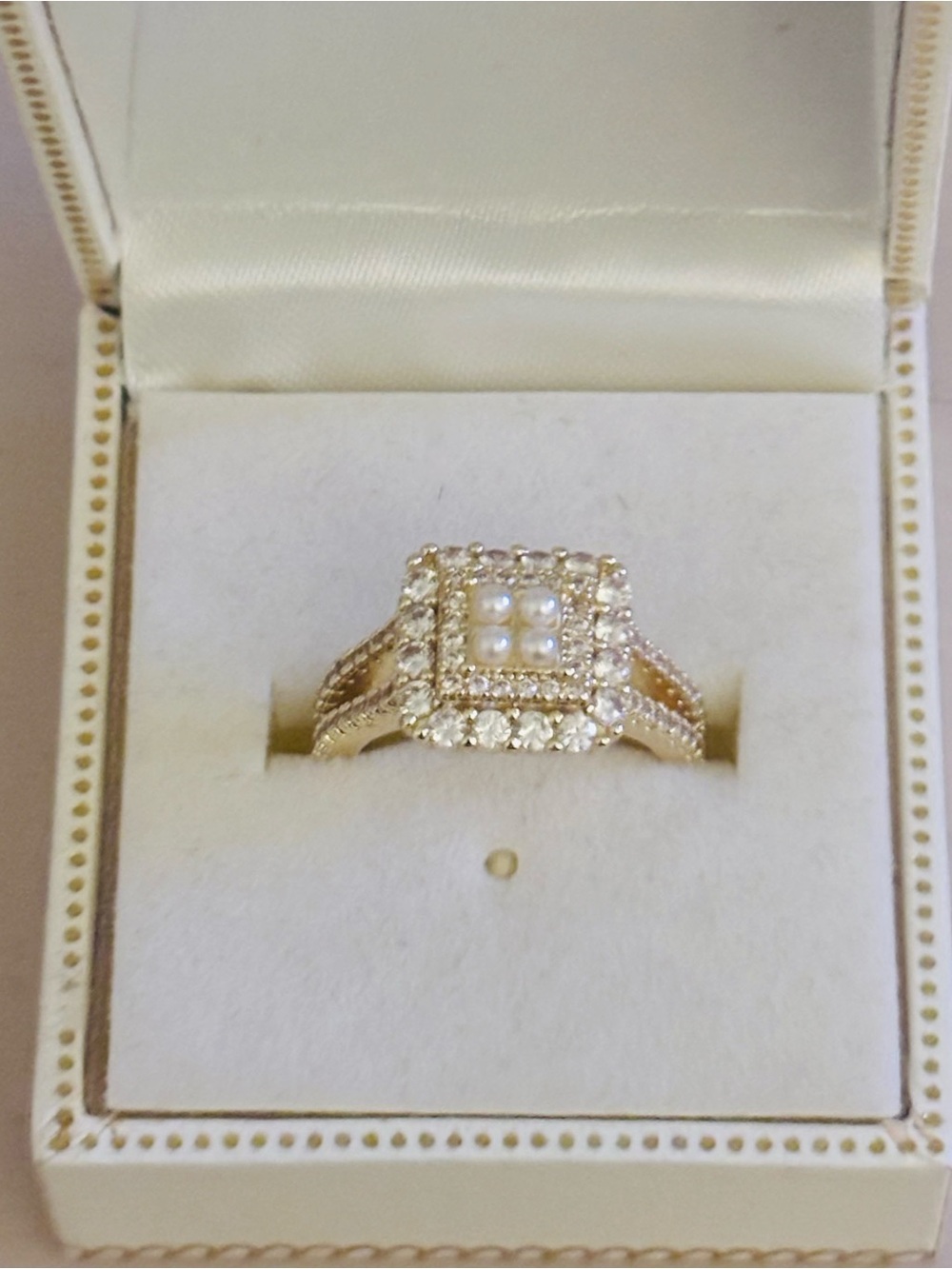 Gold faux Pearl & Crystal Square Halo Ring - Women Jewelry Size 5.5